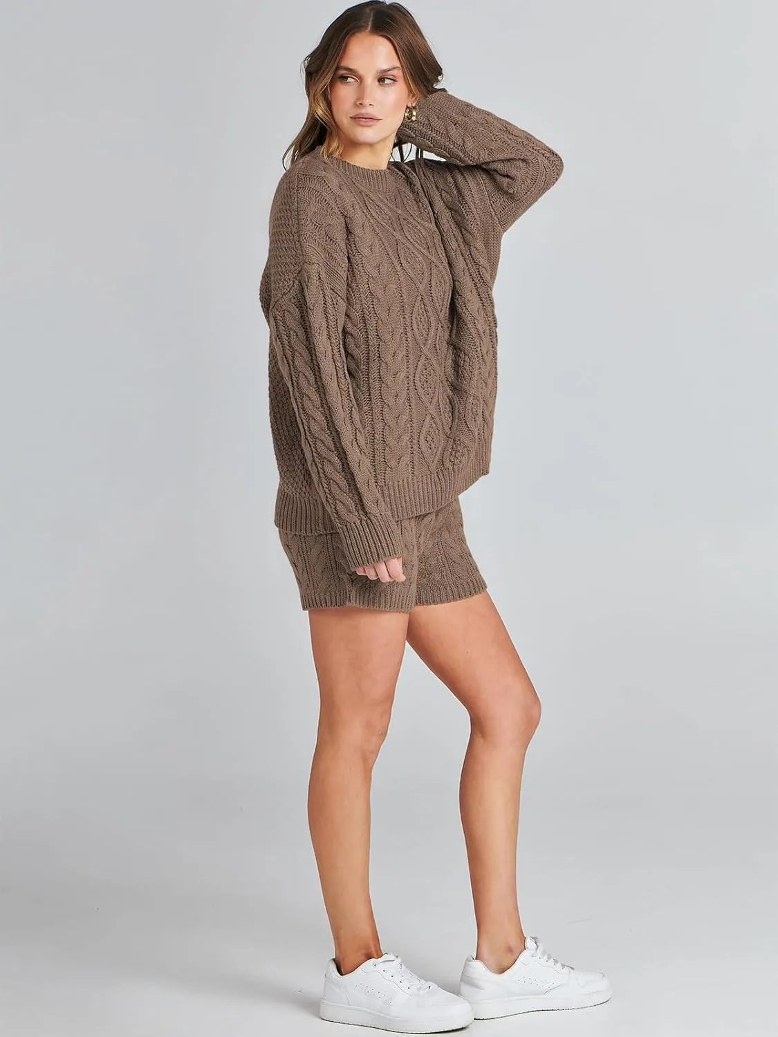 ANRABESS Women 2 Piece Outfits Sweater Lounge Loungewear Sets Spring Cable Knit Oversized Sweaters Short Pants Matching Sets