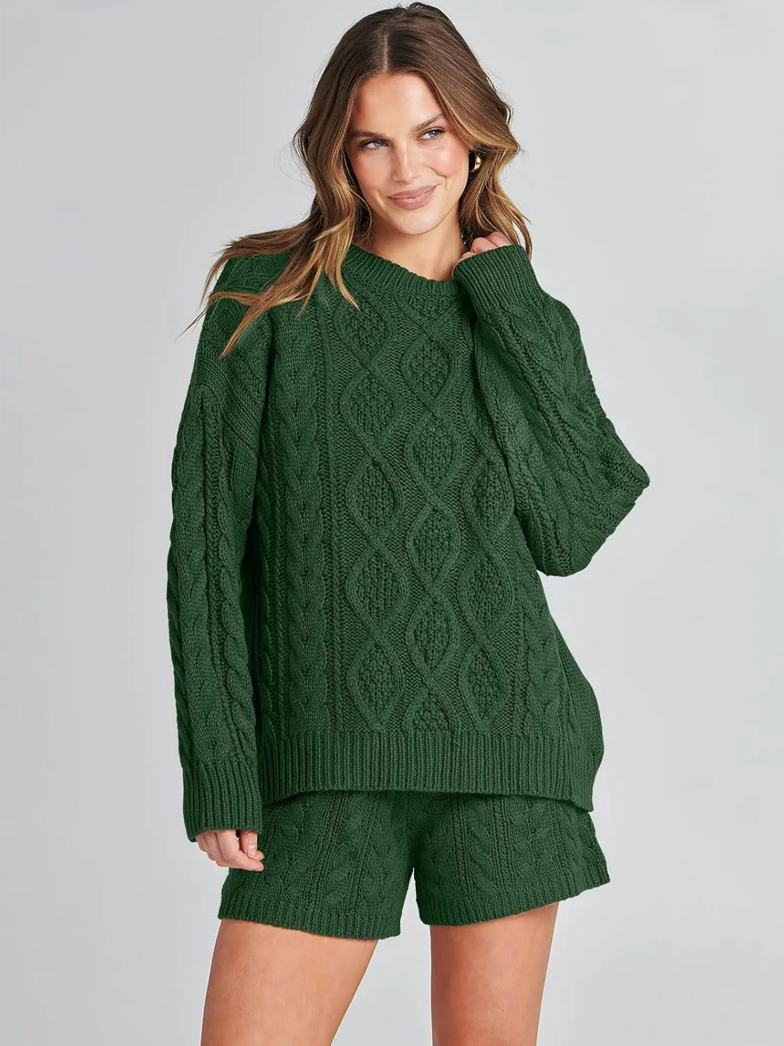 ANRABESS Women 2 Piece Outfits Sweater Lounge Loungewear Sets Spring Cable Knit Oversized Sweaters Short Pants Matching Sets