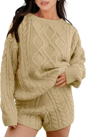 ANRABESS Women 2 Piece Outfits Sweater Lounge Loungewear Sets Spring Cable Knit Oversized Sweaters Short Pants Matching Sets