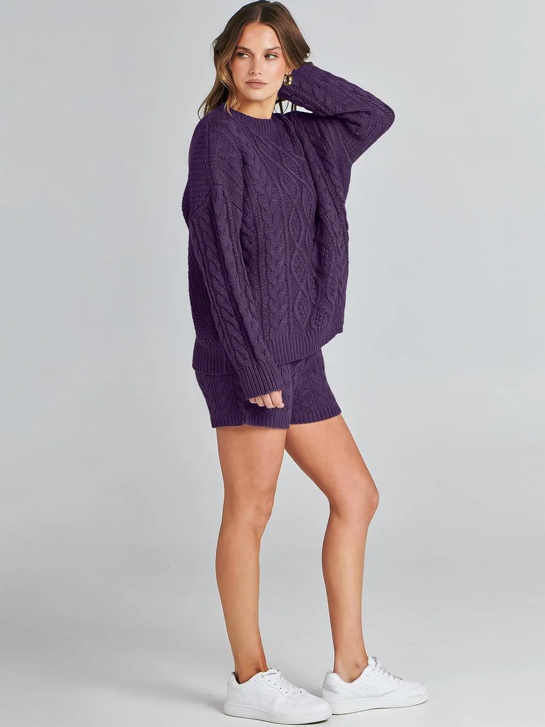 ANRABESS Women 2 Piece Outfits Sweater Lounge Loungewear Sets Spring Cable Knit Oversized Sweaters Short Pants Matching Sets