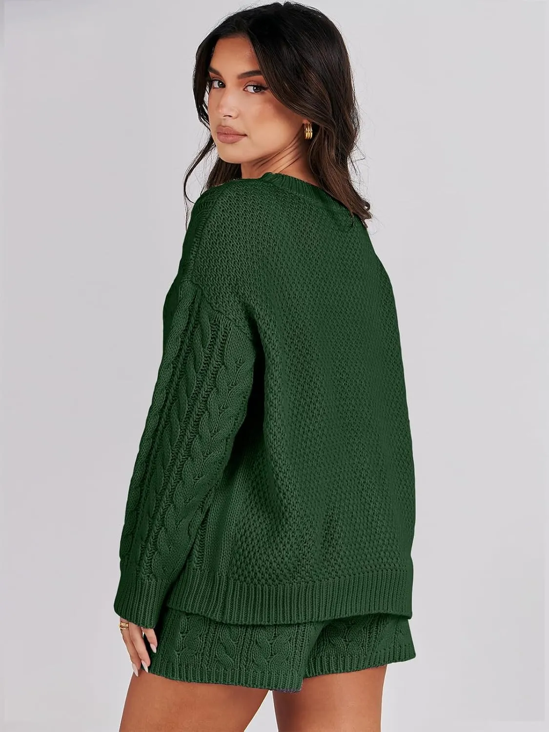 ANRABESS Women 2 Piece Outfits Sweater Lounge Loungewear Sets Spring Cable Knit Oversized Sweaters Short Pants Matching Sets