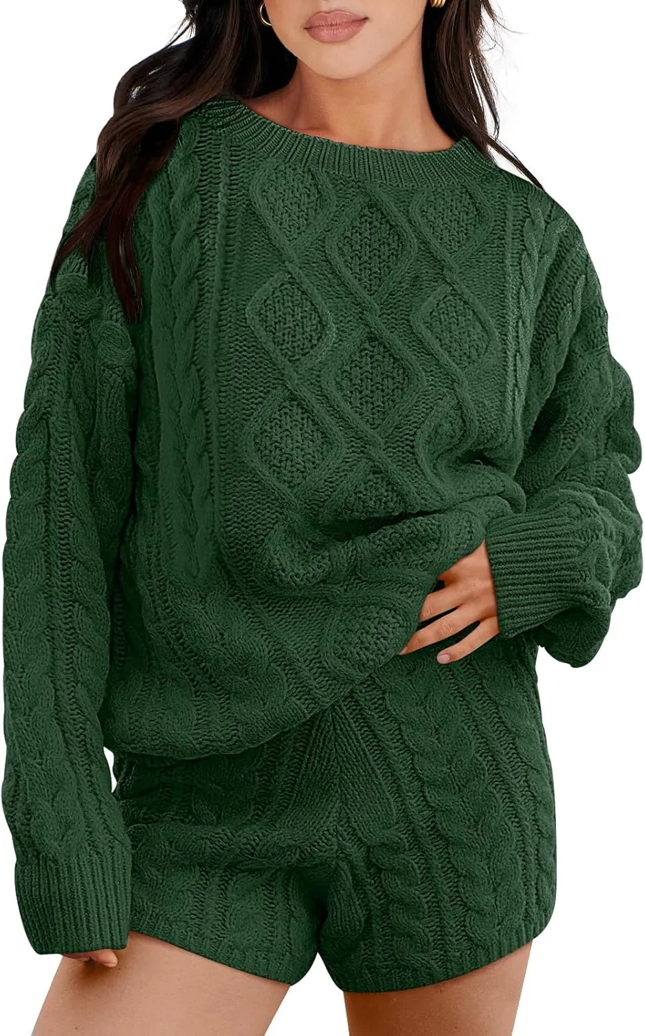 ANRABESS Women 2 Piece Outfits Sweater Lounge Loungewear Sets Spring Cable Knit Oversized Sweaters Short Pants Matching Sets