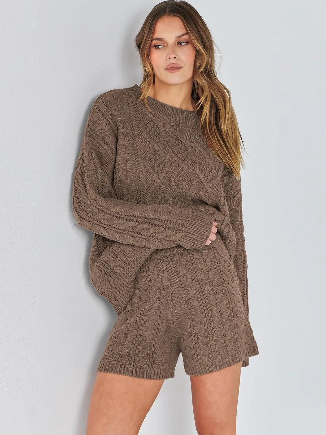 ANRABESS Women 2 Piece Outfits Sweater Lounge Loungewear Sets Spring Cable Knit Oversized Sweaters Short Pants Matching Sets