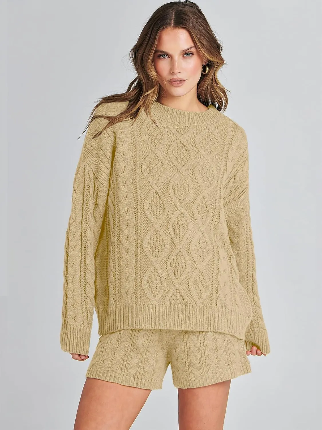 ANRABESS Women 2 Piece Outfits Sweater Lounge Loungewear Sets Spring Cable Knit Oversized Sweaters Short Pants Matching Sets