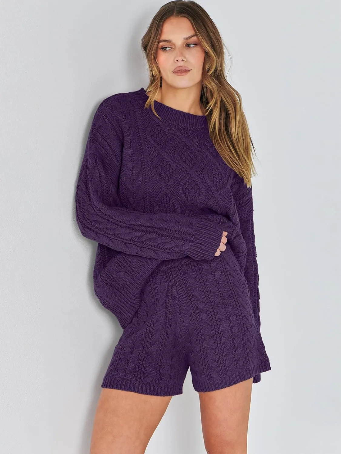 ANRABESS Women 2 Piece Outfits Sweater Lounge Loungewear Sets Spring Cable Knit Oversized Sweaters Short Pants Matching Sets