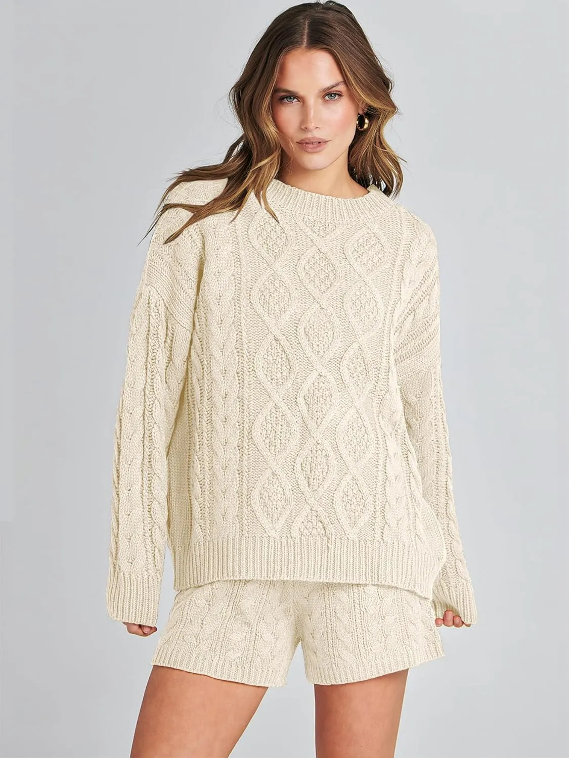 ANRABESS Women 2 Piece Outfits Sweater Lounge Loungewear Sets Spring Cable Knit Oversized Sweaters Short Pants Matching Sets