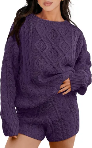 ANRABESS Women 2 Piece Outfits Sweater Lounge Loungewear Sets Spring Cable Knit Oversized Sweaters Short Pants Matching Sets