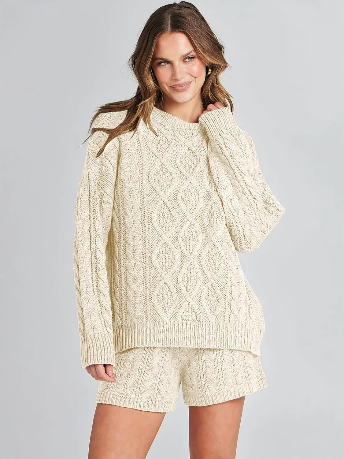 ANRABESS Women 2 Piece Outfits Sweater Lounge Loungewear Sets Spring Cable Knit Oversized Sweaters Short Pants Matching Sets