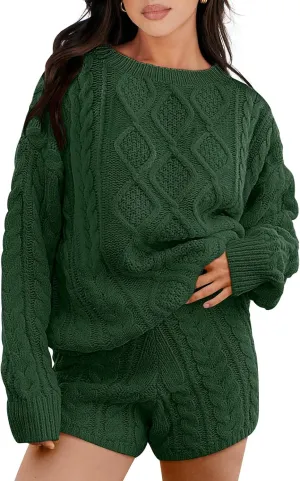 ANRABESS Women 2 Piece Outfits Sweater Lounge Loungewear Sets Spring Cable Knit Oversized Sweaters Short Pants Matching Sets
