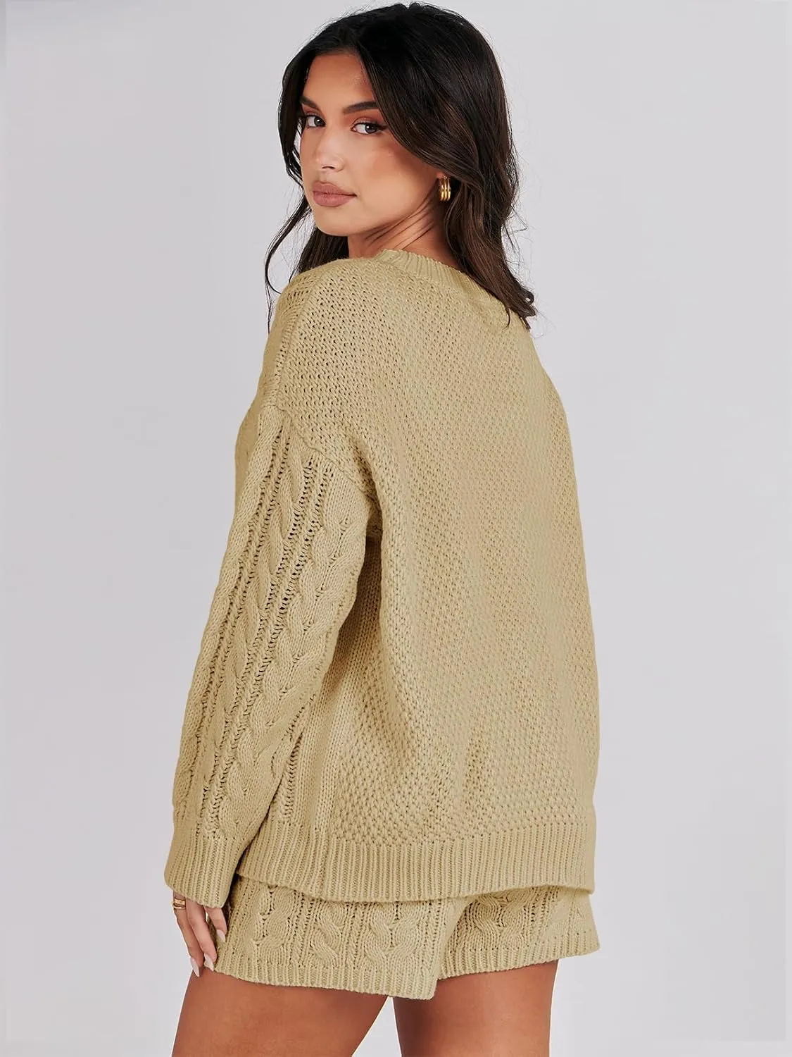 ANRABESS Women 2 Piece Outfits Sweater Lounge Loungewear Sets Spring Cable Knit Oversized Sweaters Short Pants Matching Sets