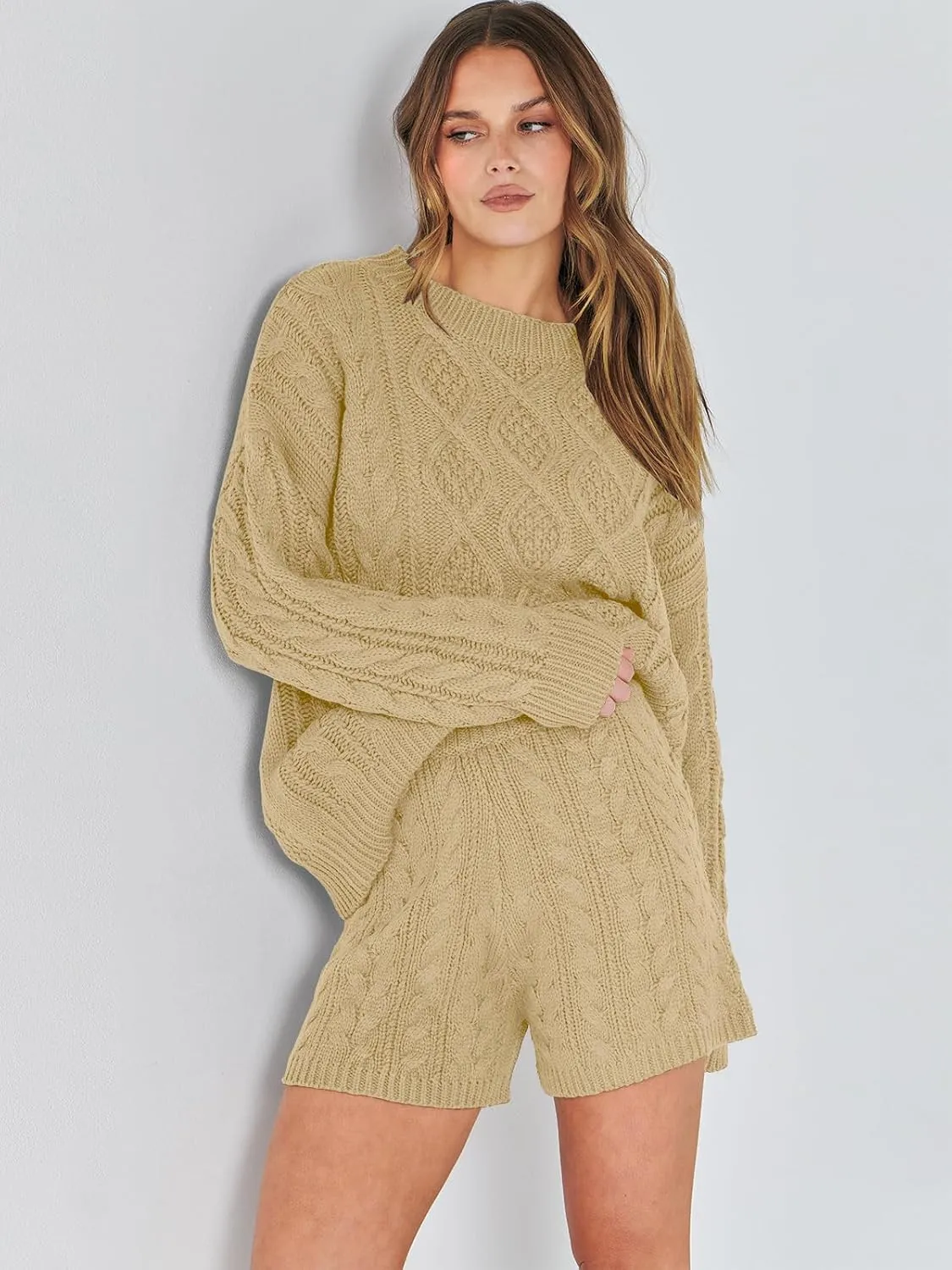 ANRABESS Women 2 Piece Outfits Sweater Lounge Loungewear Sets Spring Cable Knit Oversized Sweaters Short Pants Matching Sets