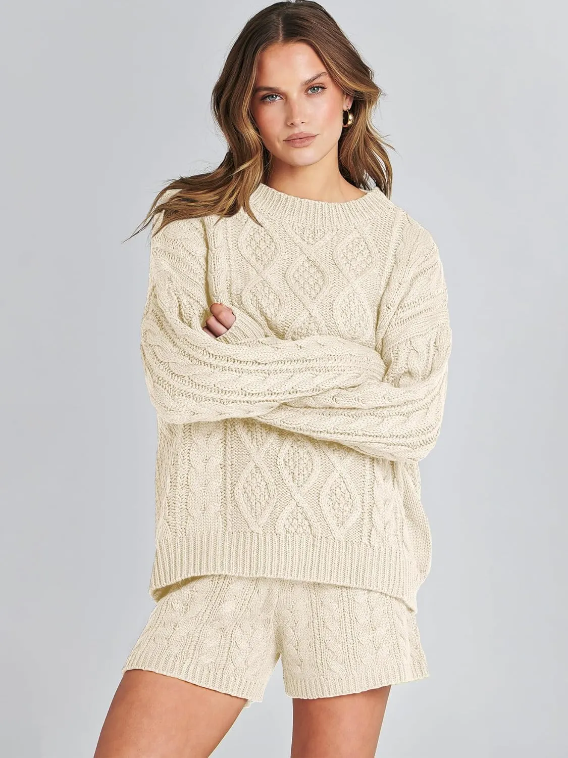 ANRABESS Women 2 Piece Outfits Sweater Lounge Loungewear Sets Spring Cable Knit Oversized Sweaters Short Pants Matching Sets