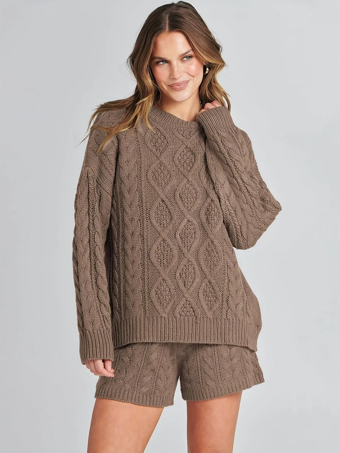 ANRABESS Women 2 Piece Outfits Sweater Lounge Loungewear Sets Spring Cable Knit Oversized Sweaters Short Pants Matching Sets