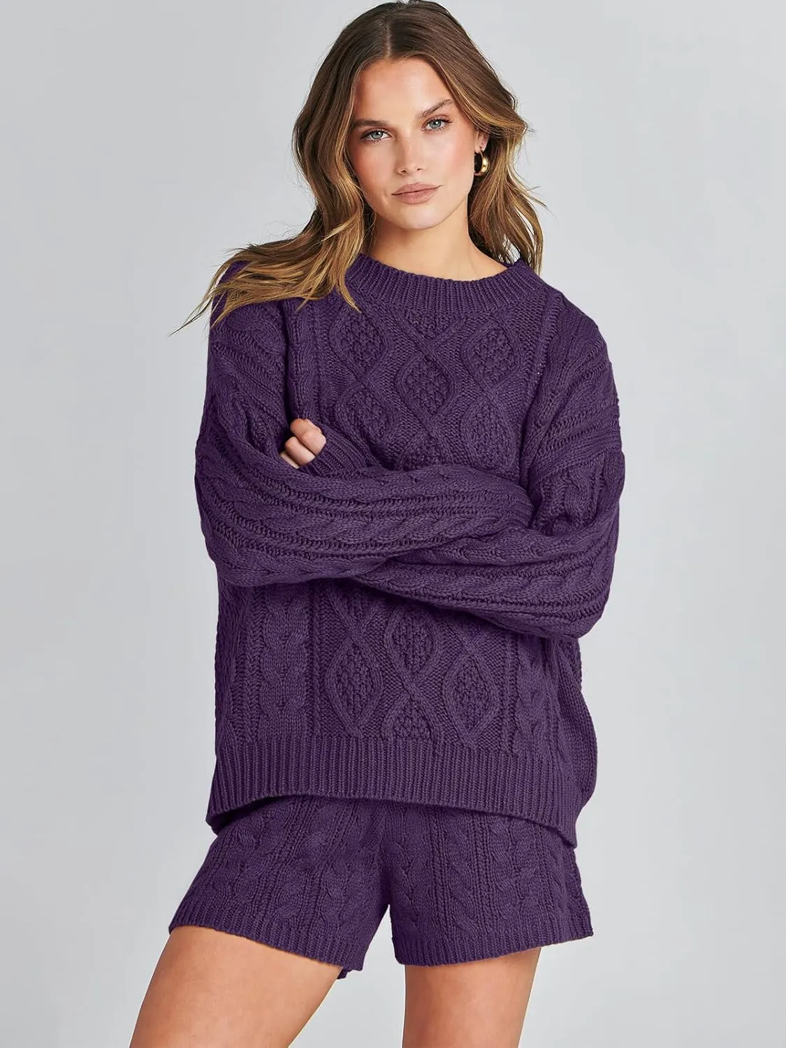 ANRABESS Women 2 Piece Outfits Sweater Lounge Loungewear Sets Spring Cable Knit Oversized Sweaters Short Pants Matching Sets