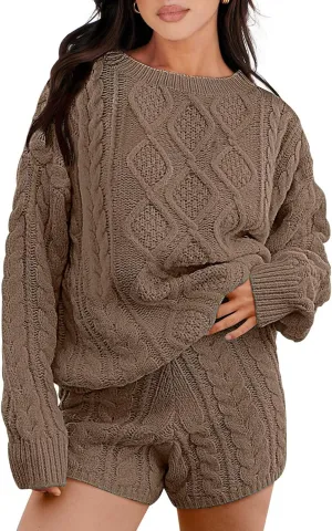 ANRABESS Women 2 Piece Outfits Sweater Lounge Loungewear Sets Spring Cable Knit Oversized Sweaters Short Pants Matching Sets