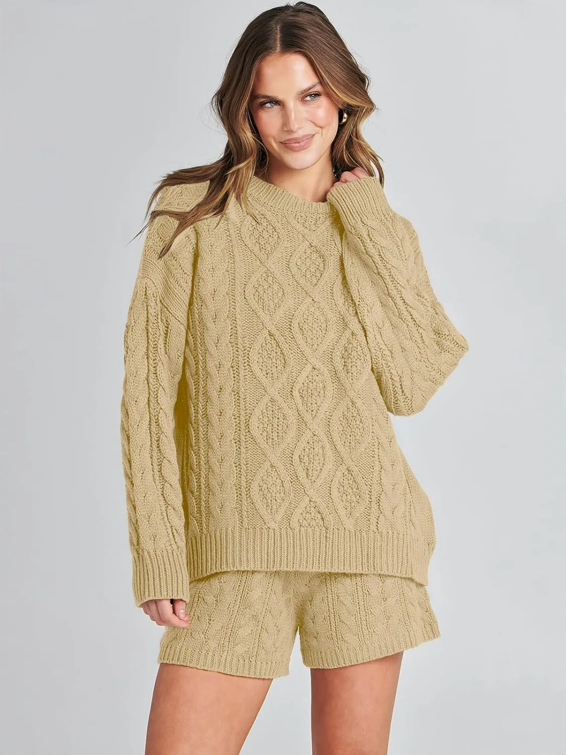 ANRABESS Women 2 Piece Outfits Sweater Lounge Loungewear Sets Spring Cable Knit Oversized Sweaters Short Pants Matching Sets
