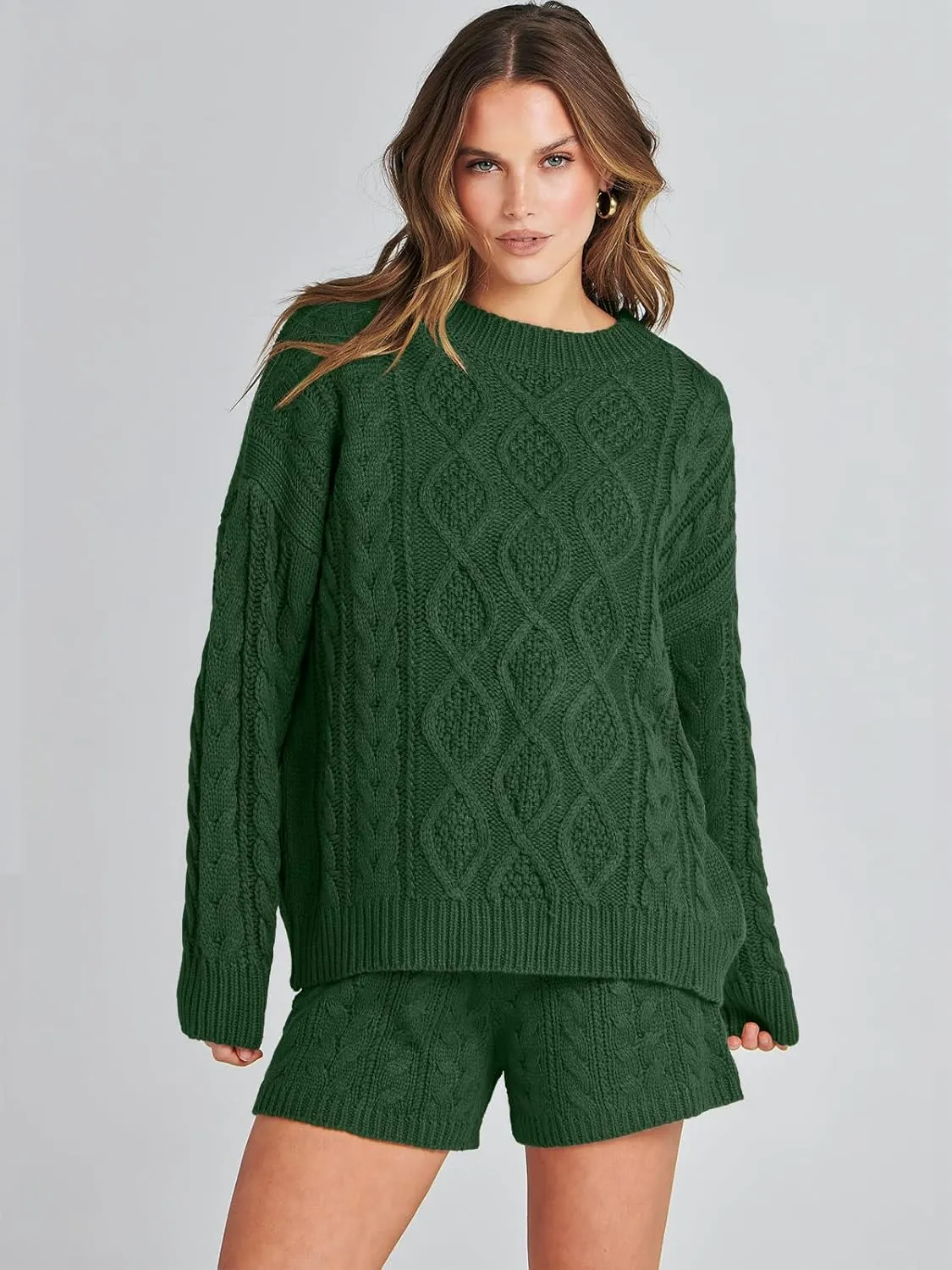 ANRABESS Women 2 Piece Outfits Sweater Lounge Loungewear Sets Spring Cable Knit Oversized Sweaters Short Pants Matching Sets