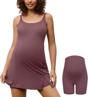 Bhome Maternity Athleisure Dress for Tennis Golf Summer Tank Dress Two-Piece Outfit with Built-in Bra & Shorts