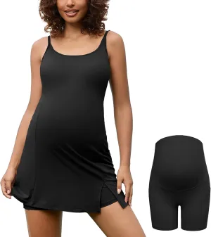 Bhome Maternity Athleisure Dress for Tennis Golf Summer Tank Dress Two-Piece Outfit with Built-in Bra & Shorts