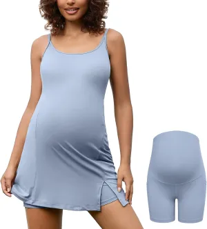 Bhome Maternity Athleisure Dress for Tennis Golf Summer Tank Dress Two-Piece Outfit with Built-in Bra & Shorts