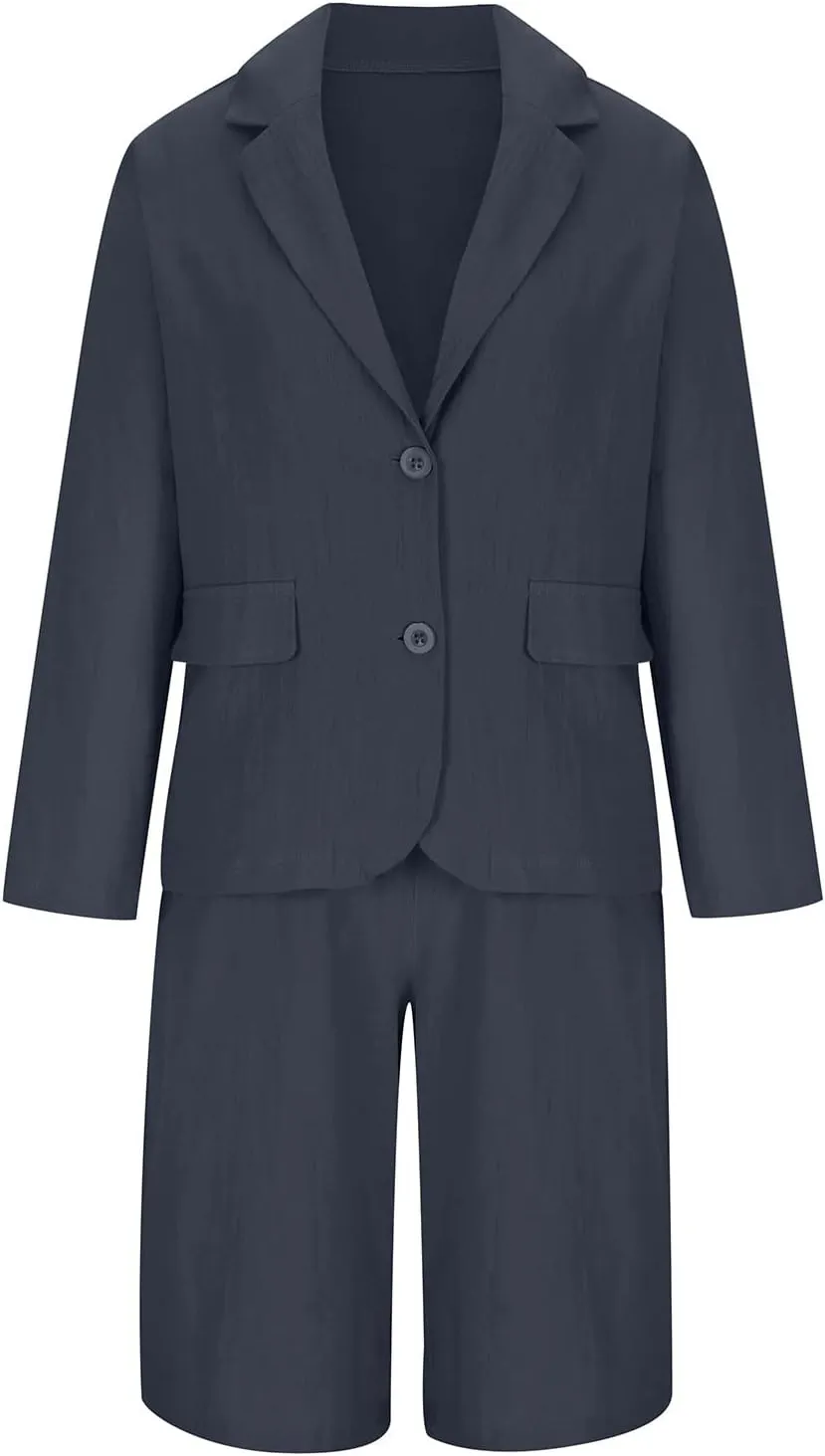 Blazer Sets for Women 2 Piece Outfits Open Front Button Up Jacket and Bermuda Shorts Suits Work Office Casual Sets