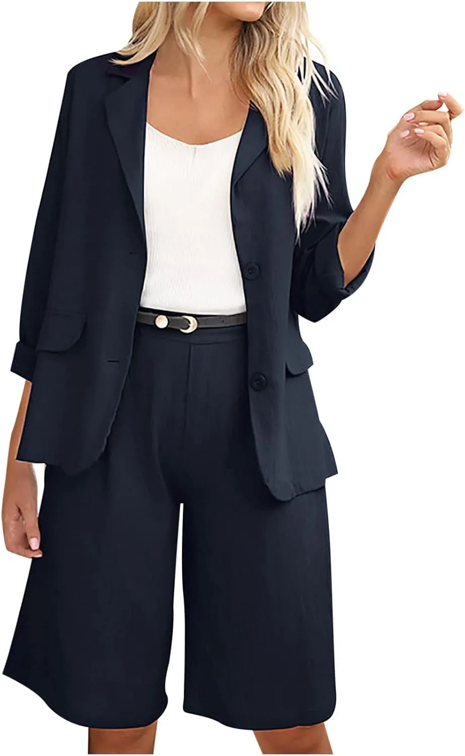 Blazer Sets for Women 2 Piece Outfits Open Front Button Up Jacket and Bermuda Shorts Suits Work Office Casual Sets