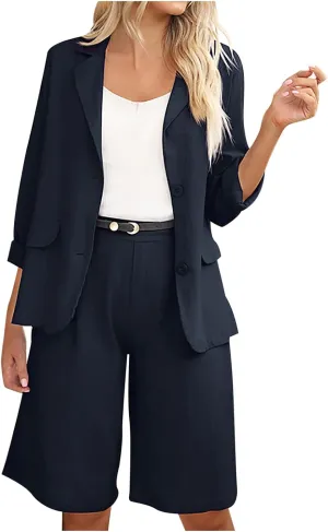 Blazer Sets for Women 2 Piece Outfits Open Front Button Up Jacket and Bermuda Shorts Suits Work Office Casual Sets
