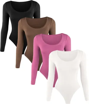 Bodysuits for Women, Long Sleeve Bodysuit Pack, Women's Ribbed Bodysuits Basic, Stretchy,Square/Scoop/Crew/Turtle Neck