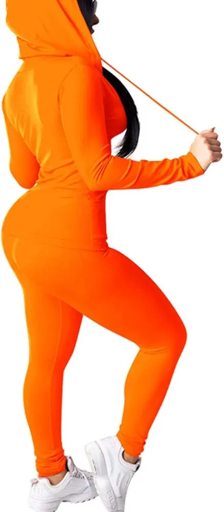 Bornpom Women 2 Piece Outfits Hoodie Long Sleeve Zip Up Jackets Bodycon Long Pants Tracksuit Sets