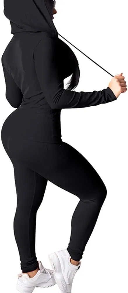 Bornpom Women 2 Piece Outfits Hoodie Long Sleeve Zip Up Jackets Bodycon Long Pants Tracksuit Sets