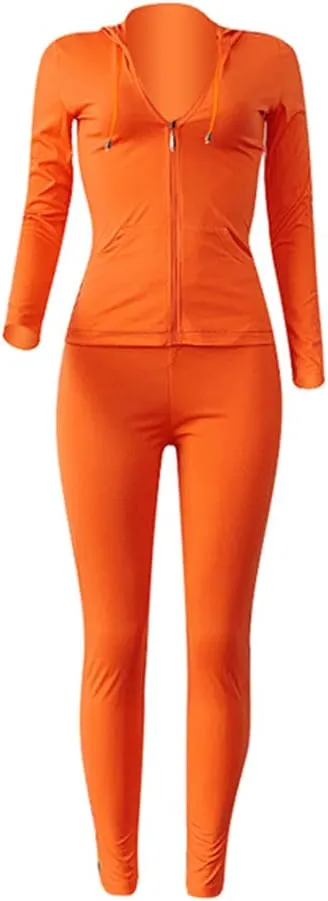 Bornpom Women 2 Piece Outfits Hoodie Long Sleeve Zip Up Jackets Bodycon Long Pants Tracksuit Sets