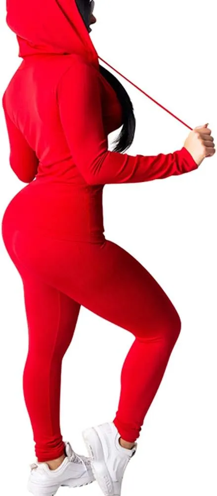 Bornpom Women 2 Piece Outfits Hoodie Long Sleeve Zip Up Jackets Bodycon Long Pants Tracksuit Sets