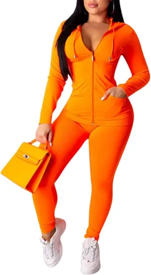 Bornpom Women 2 Piece Outfits Hoodie Long Sleeve Zip Up Jackets Bodycon Long Pants Tracksuit Sets