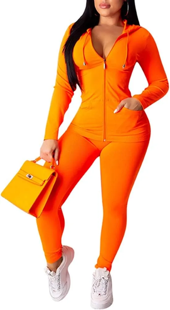 Bornpom Women 2 Piece Outfits Hoodie Long Sleeve Zip Up Jackets Bodycon Long Pants Tracksuit Sets