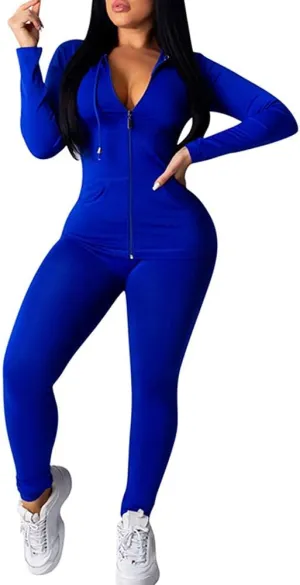 Bornpom Women 2 Piece Outfits Hoodie Long Sleeve Zip Up Jackets Bodycon Long Pants Tracksuit Sets