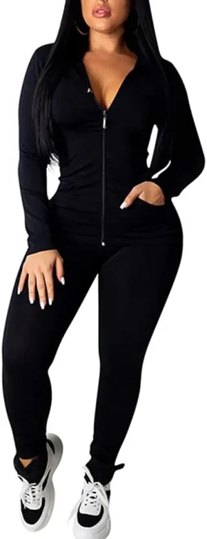 Bornpom Women 2 Piece Outfits Hoodie Long Sleeve Zip Up Jackets Bodycon Long Pants Tracksuit Sets