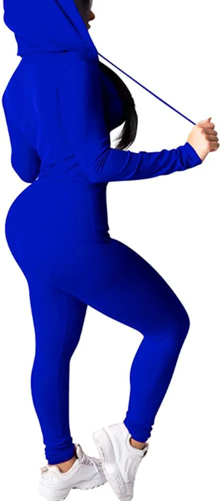 Bornpom Women 2 Piece Outfits Hoodie Long Sleeve Zip Up Jackets Bodycon Long Pants Tracksuit Sets