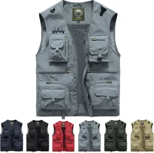 Breathable Mesh Zip Cargo Vest with Pockets, Men's Quick Drying Tactical Vests Outdoor Hiking Fishing Vests Jacket
