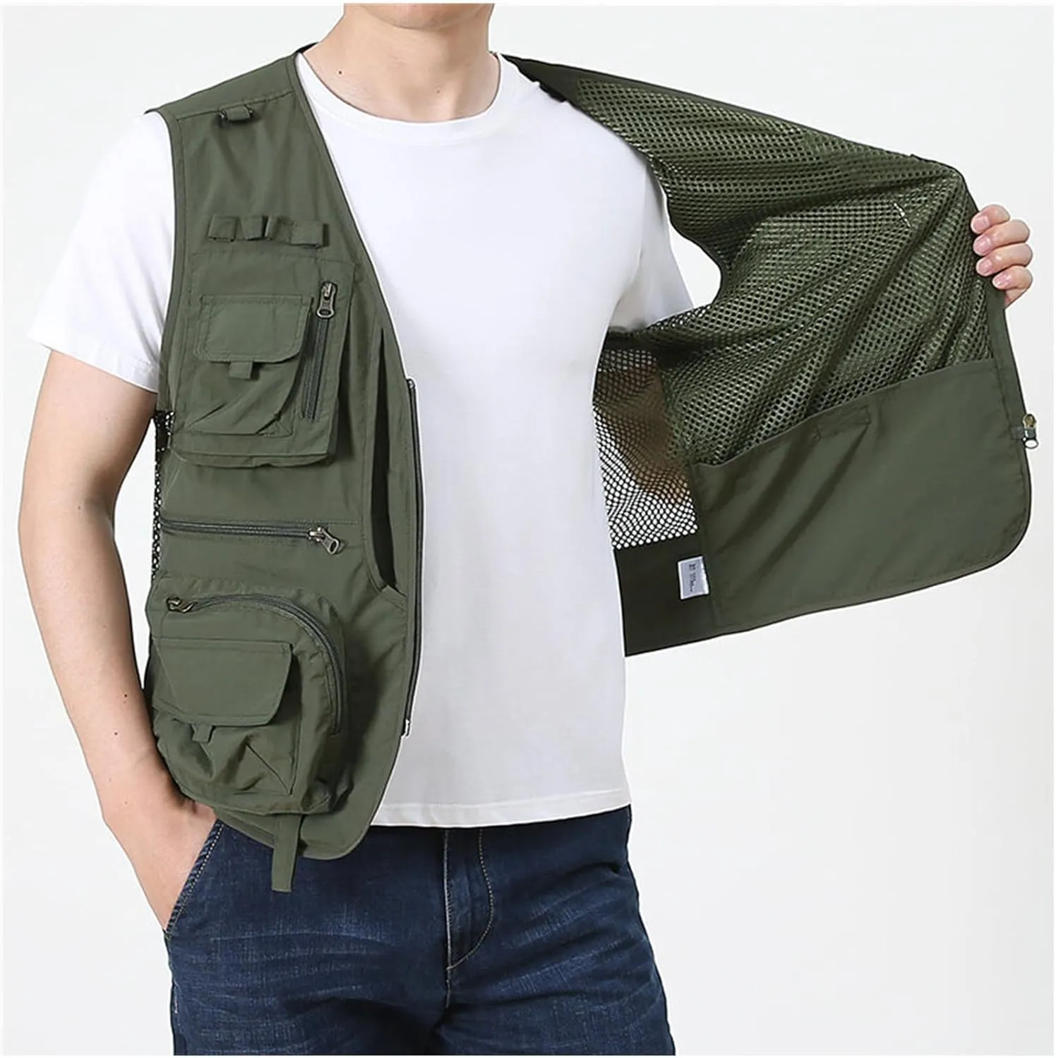 Breathable Mesh Zip Cargo Vest with Pockets, Men's Quick Drying Tactical Vests Outdoor Hiking Fishing Vests Jacket