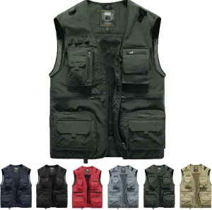 Breathable Mesh Zip Cargo Vest with Pockets, Men's Quick Drying Tactical Vests Outdoor Hiking Fishing Vests Jacket