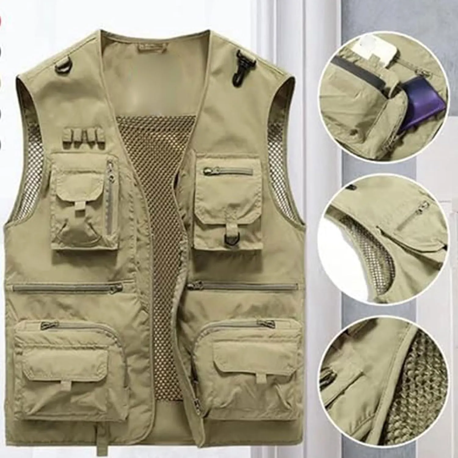 Breathable Mesh Zip Cargo Vest with Pockets, Men's Quick Drying Tactical Vests Outdoor Hiking Fishing Vests Jacket
