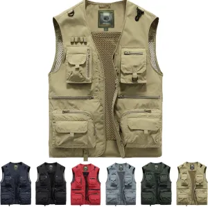 Breathable Mesh Zip Cargo Vest with Pockets, Men's Quick Drying Tactical Vests Outdoor Hiking Fishing Vests Jacket