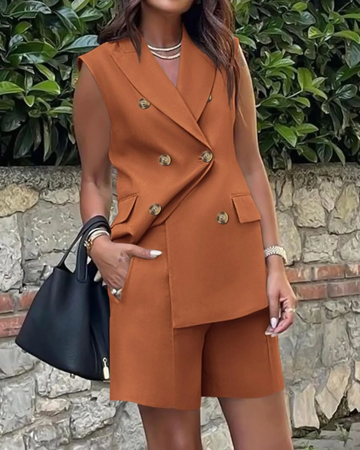 BTFBM Womens Blazer Vest Shorts Sets Lapel Neck Casual Sleeveless Button Down Office Summer 2 Piece Lounge Matching Sets