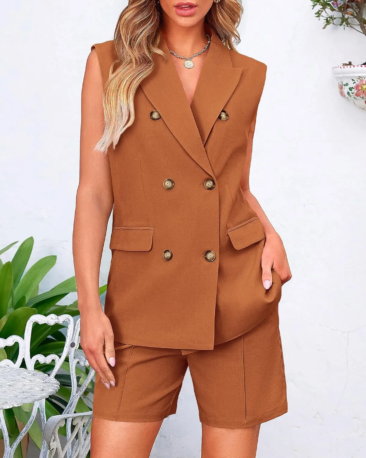 BTFBM Womens Blazer Vest Shorts Sets Lapel Neck Casual Sleeveless Button Down Office Summer 2 Piece Lounge Matching Sets