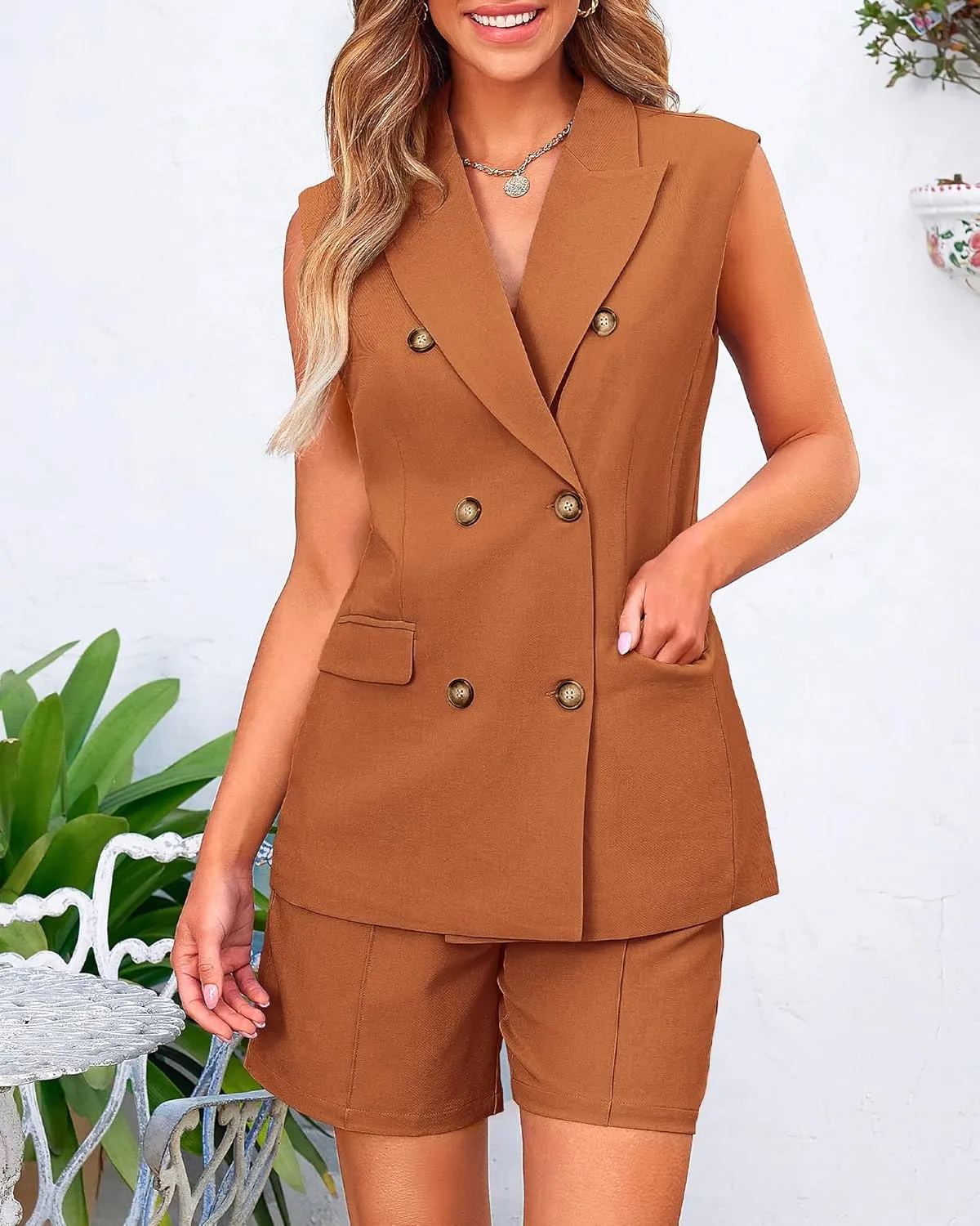 BTFBM Womens Blazer Vest Shorts Sets Lapel Neck Casual Sleeveless Button Down Office Summer 2 Piece Lounge Matching Sets