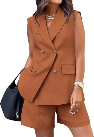 BTFBM Womens Blazer Vest Shorts Sets Lapel Neck Casual Sleeveless Button Down Office Summer 2 Piece Lounge Matching Sets