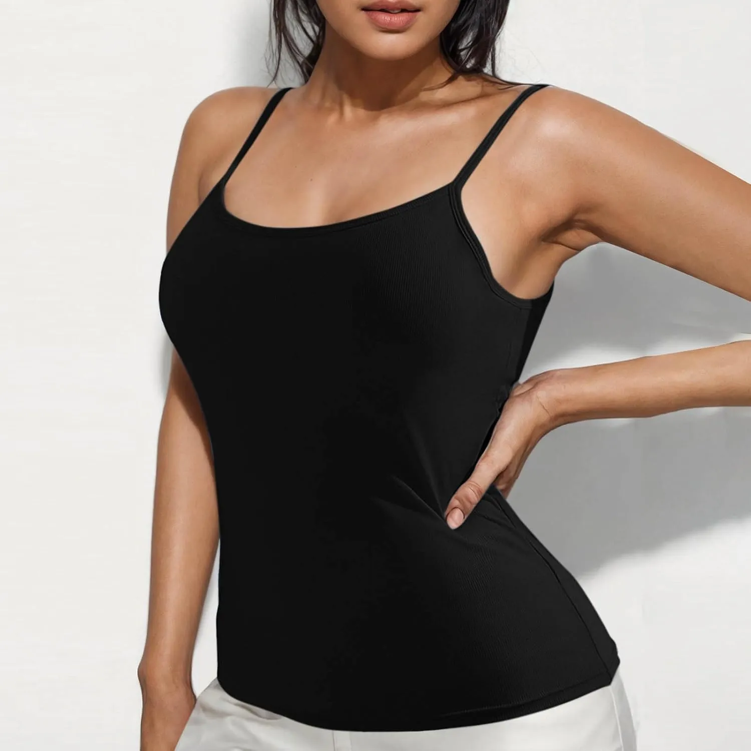 Camisole Top for Women Casual Ribbed Slim Fit Tanks with Bulit in Bra Summer Workout Yoga Spaghetti Strap Underwear