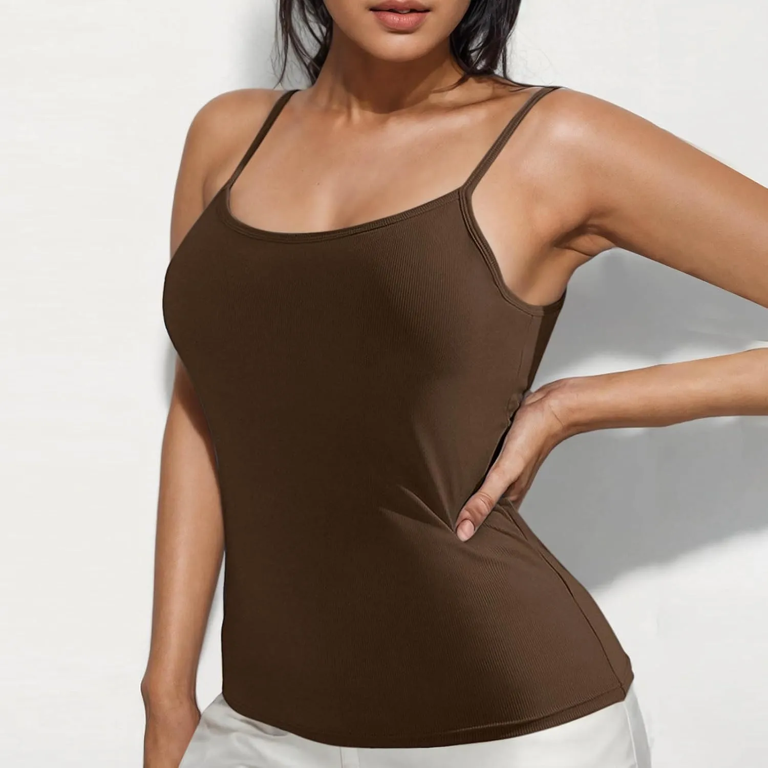 Camisole Top for Women Casual Ribbed Slim Fit Tanks with Bulit in Bra Summer Workout Yoga Spaghetti Strap Underwear