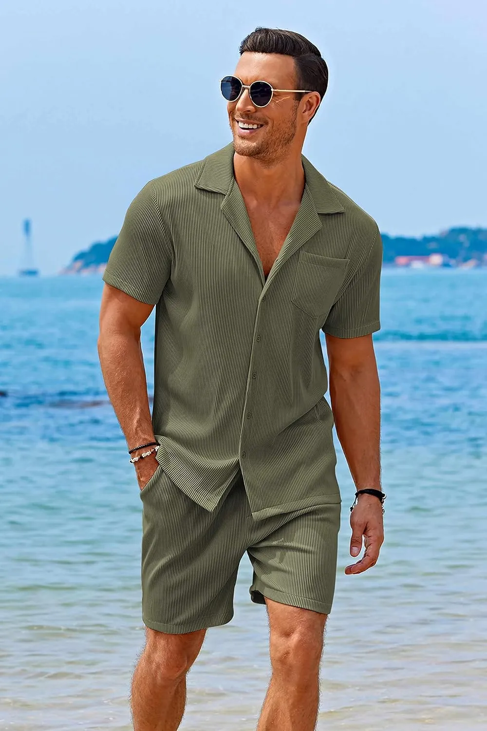 COOFANDY Men's 2 Pieces Shirt Sets Short Sleeve Casual Button Down Hippie T-Shirts Shorts Sets Summer Fashion Beach Outfits