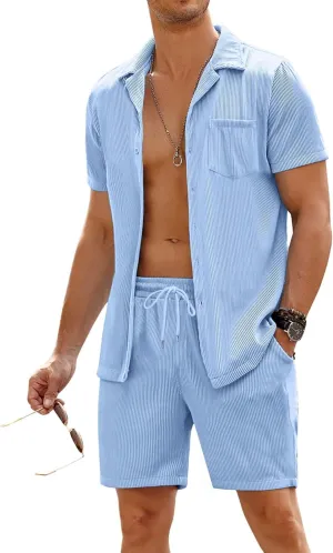 COOFANDY Men's 2 Pieces Shirt Sets Short Sleeve Casual Button Down Hippie T-Shirts Shorts Sets Summer Fashion Beach Outfits